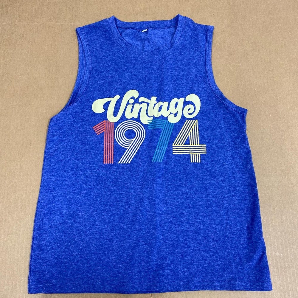 Vintage 1974 Graphic Tank Top Blue Retro Summer Sleeveless Shirt